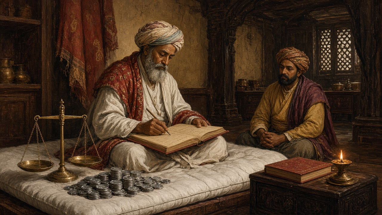Traditional Indian shroff seated on a cotton mattress writing in a red ledger beside brass scales and stacks of silver coins while a merchant waits