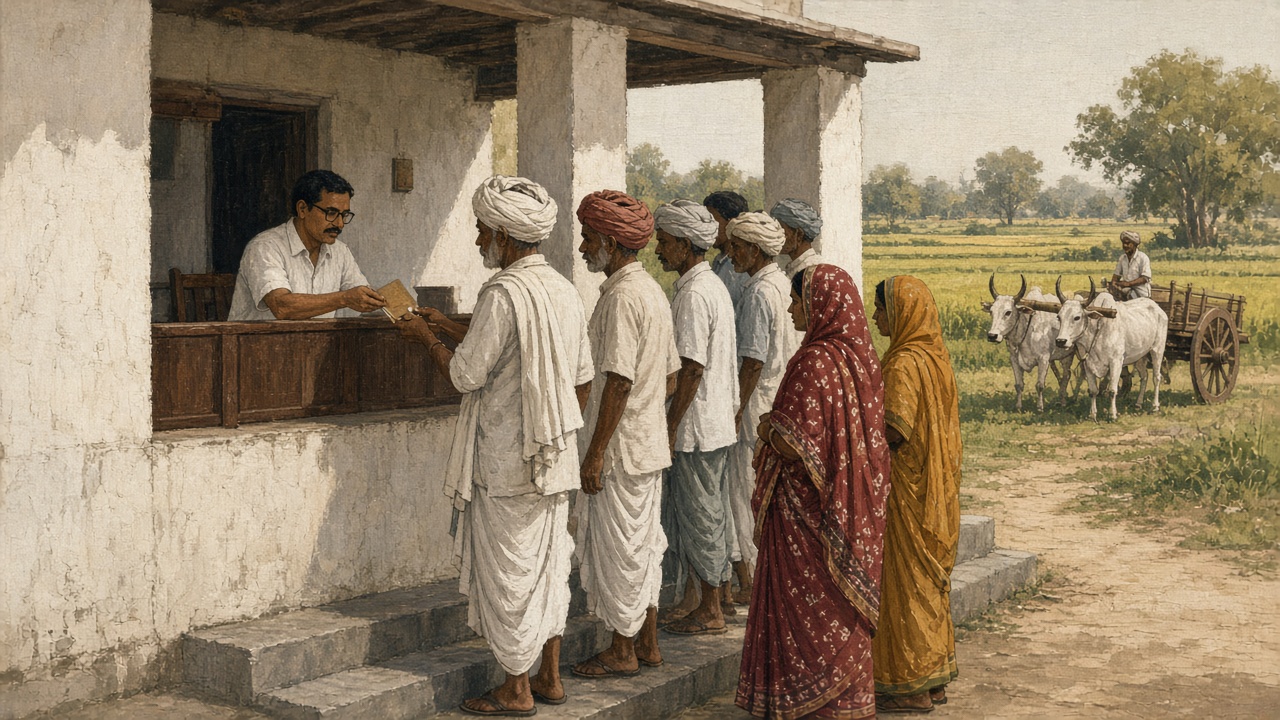 1970s rural Indian bank branch with farmers in turbans and women in saris queuing at a wooden counter while a clerk hands over a passbook, with a bullock cart and fields behind
