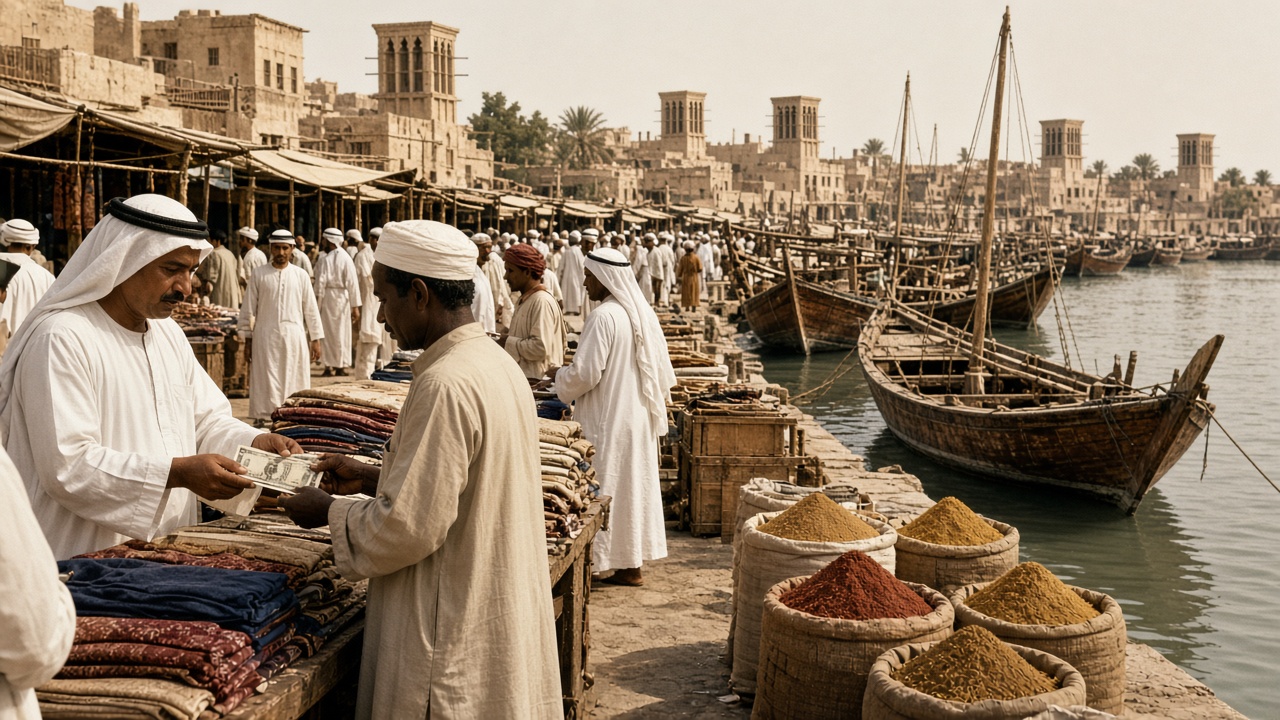Early 1960s Gulf creek-side souk with Arab and Indian traders exchanging banknotes beside dhows, bolts of cloth, and sacks of spices
