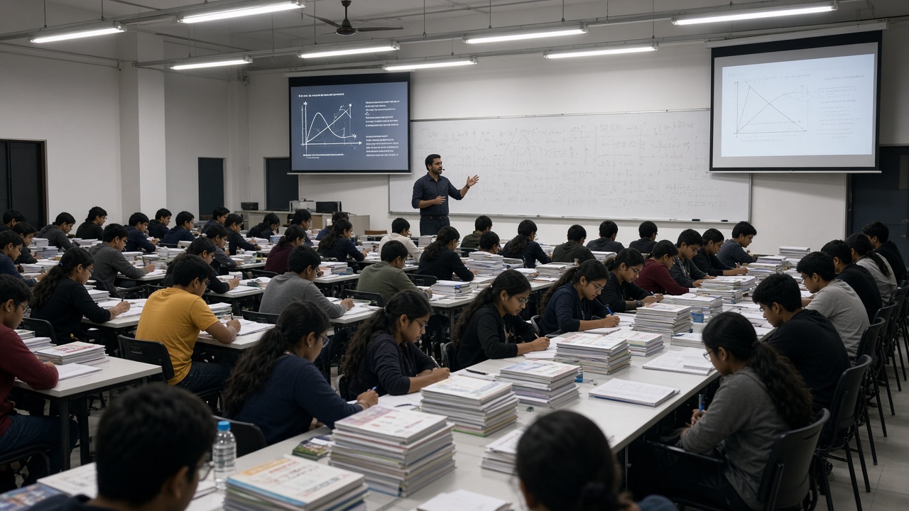 Large coaching classroom with rows of teenage students taking notes while a physics teacher explains on a whiteboard with projector screens