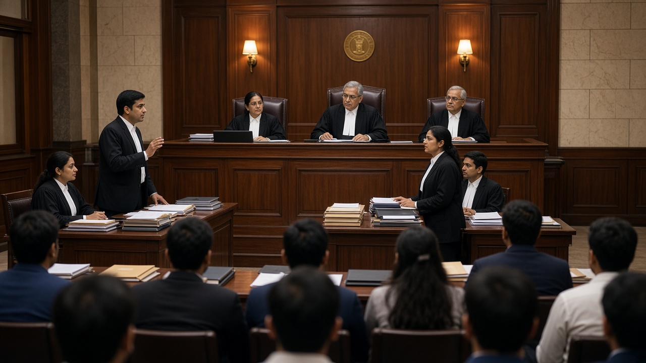 Law students in black coats arguing before a bench of three judges in a wood-panelled moot court at an Indian national law university