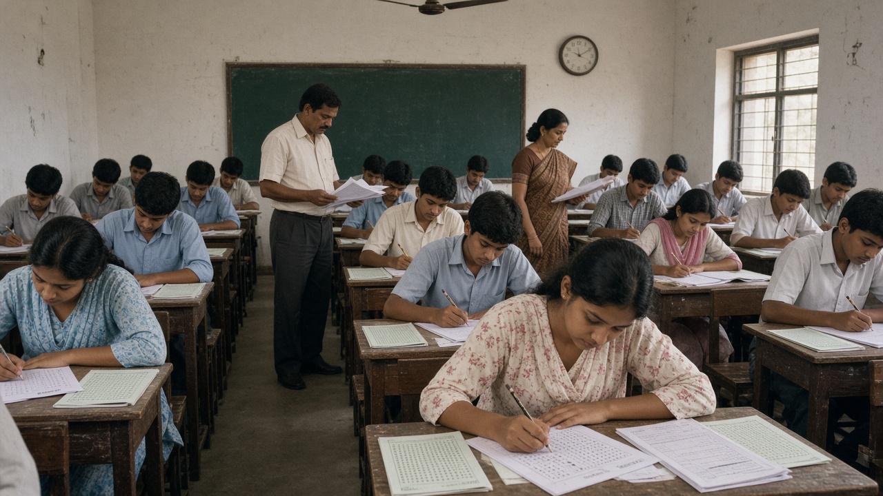 1990s Indian students darkening bubbles on OMR answer sheets with pencils in an exam hall while invigilators distribute papers