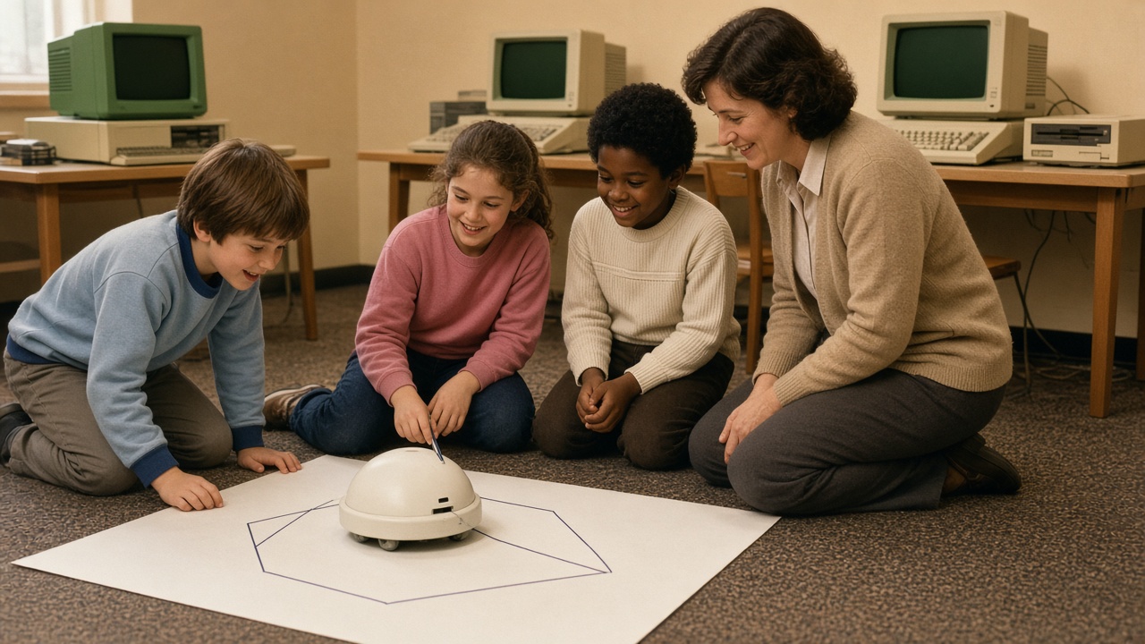 Children and a teacher watching a dome-shaped LOGO turtle robot draw a shape on paper beside early 1980s computers