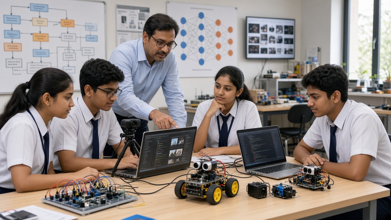 Indian school students in uniforms training an image-recognition AI model on laptops with a robot car and sensor kits while a teacher guides them