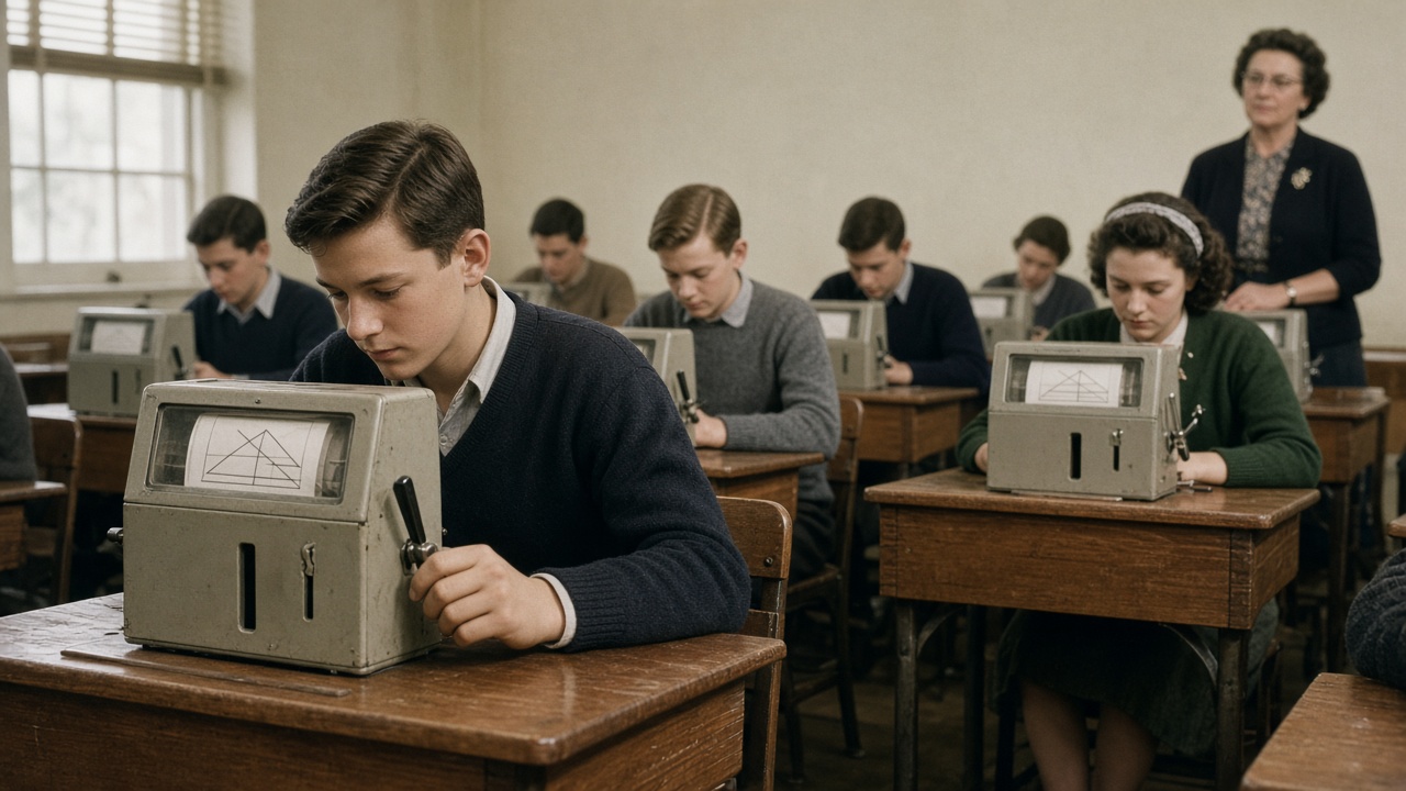 1950s students at wooden desks using boxy mechanical teaching machines with question windows and levers while a teacher watches