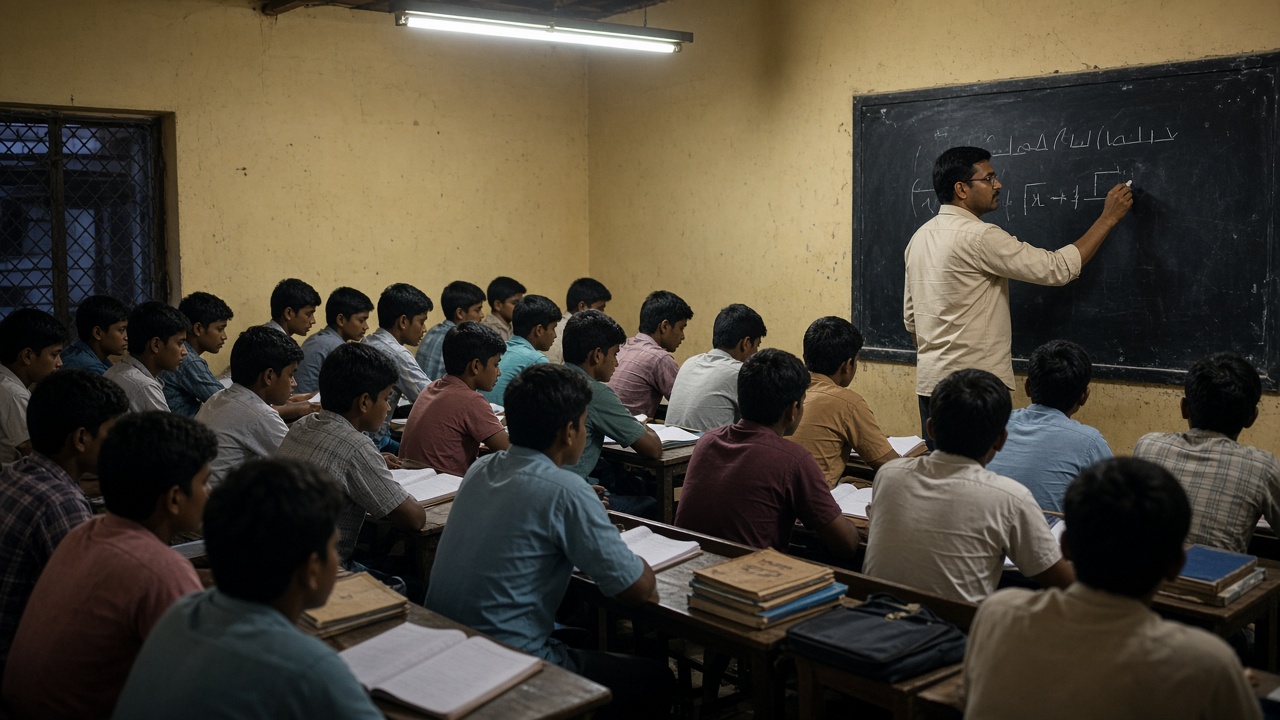 Dedicated Indian mathematics teacher writing on a blackboard for focused young students from poor families in a modest room at night