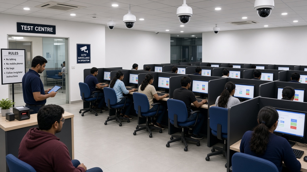 Modern computer-based test centre in India with candidates at computers, CCTV cameras, and a biometric check desk