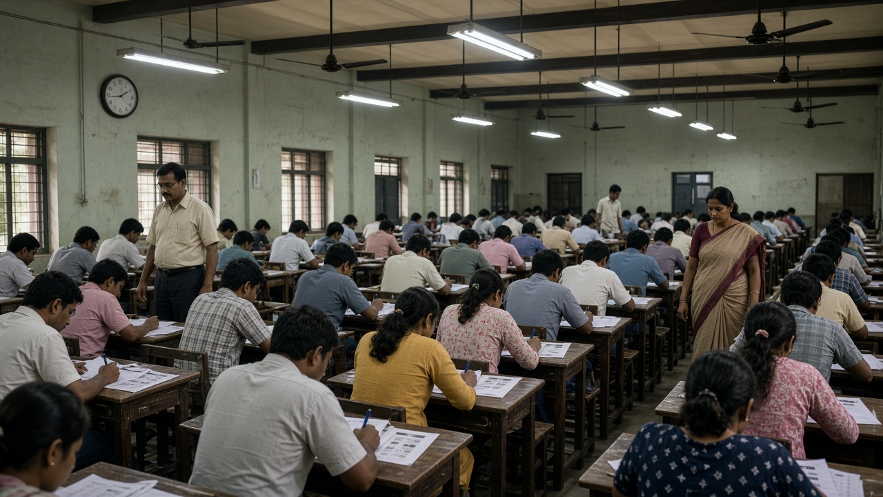 Indian candidates writing a pen-and-paper competitive exam with OMR sheets in a large exam hall