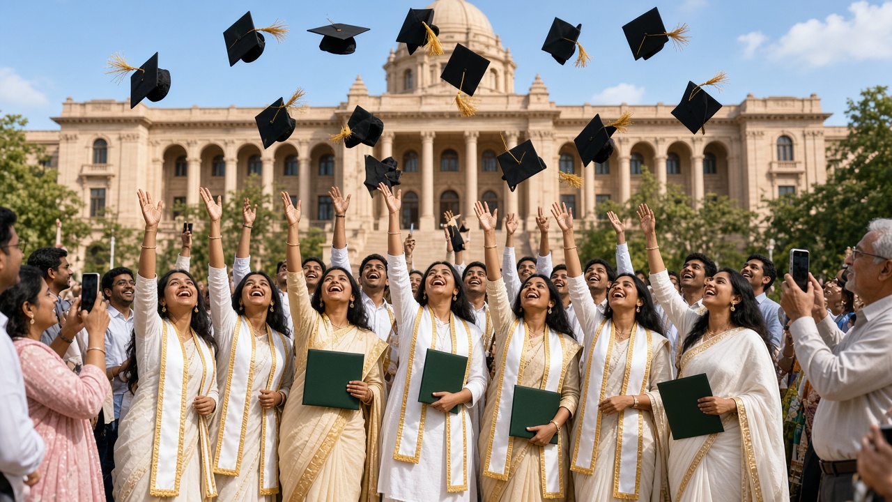 Joyful Indian graduates in white and gold convocation stoles throwing caps in the air in front of a grand university building