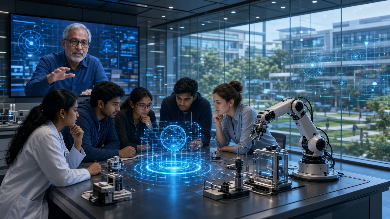 Indian and international students with a robotic arm and holographic display while a professor joins by video wall in a modern university research lab