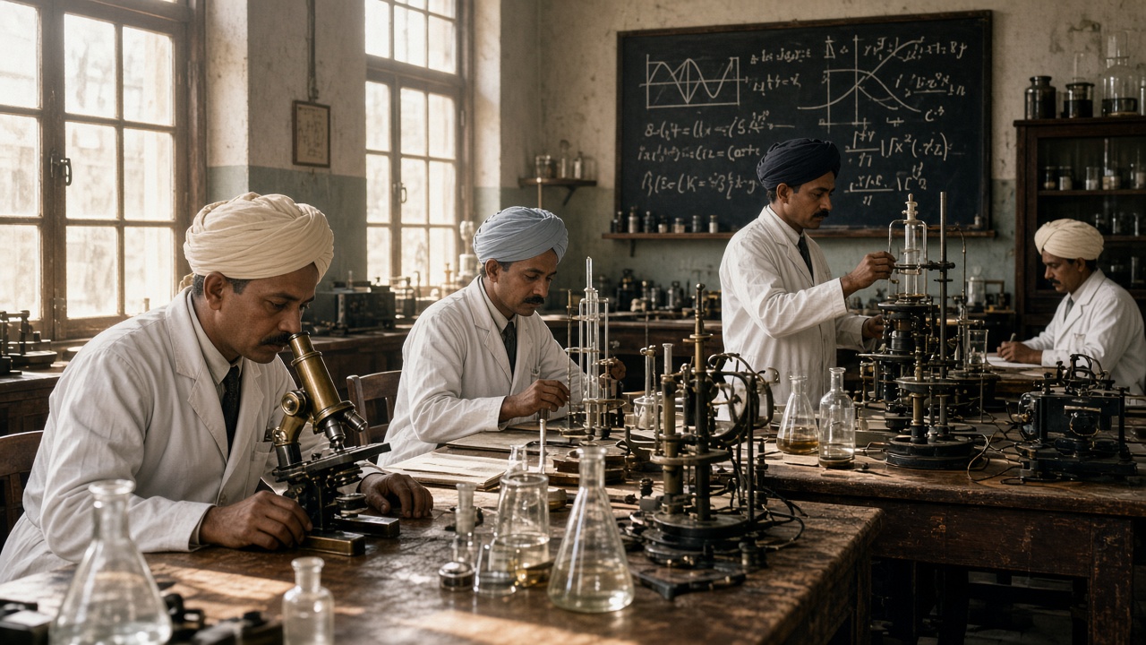 Indian scientists in turbans and lab coats working with brass microscopes and glass apparatus in an early 20th-century laboratory