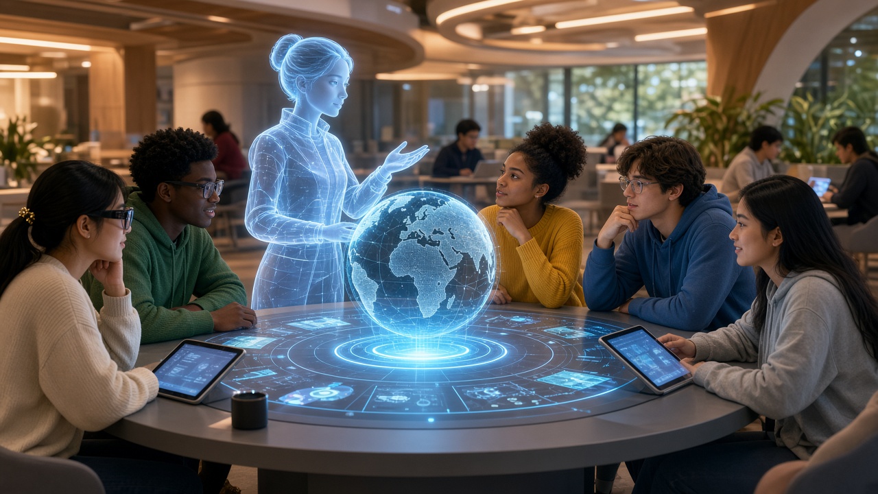 Student learning with a glowing holographic AI tutor and floating globe in a futuristic classroom