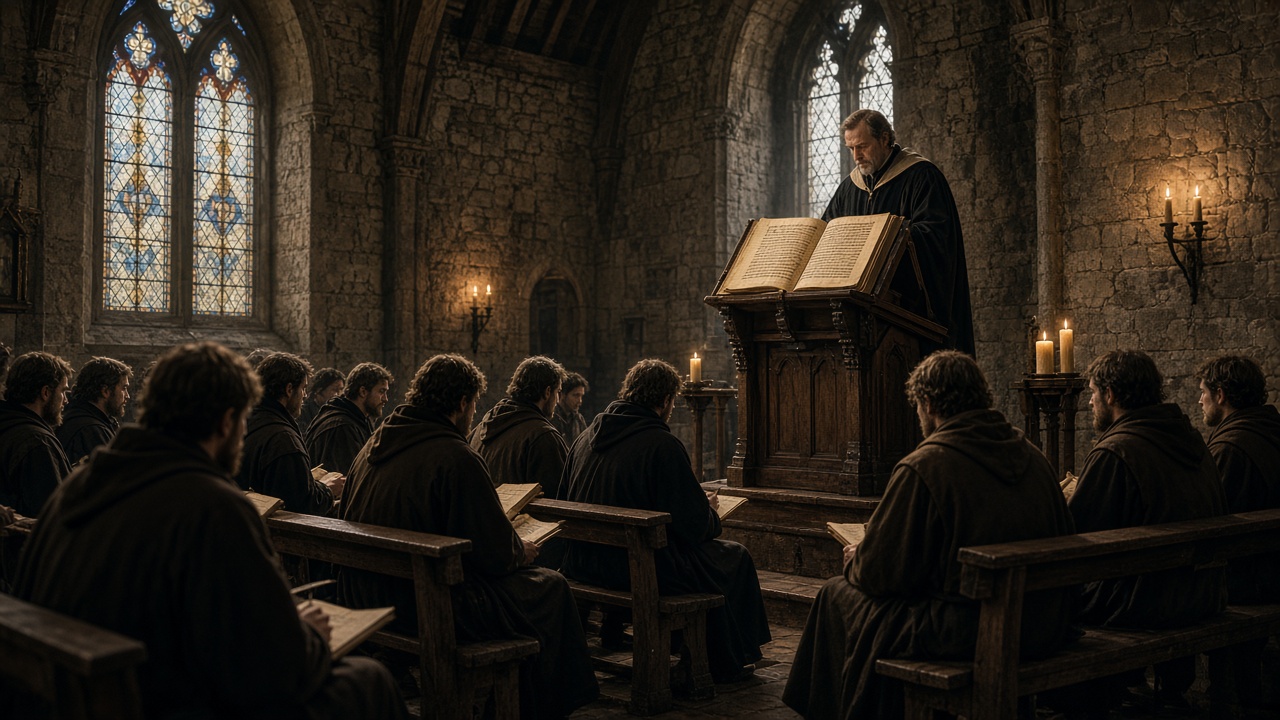 Medieval university master lecturing robed students from a raised lectern in a Gothic stone hall