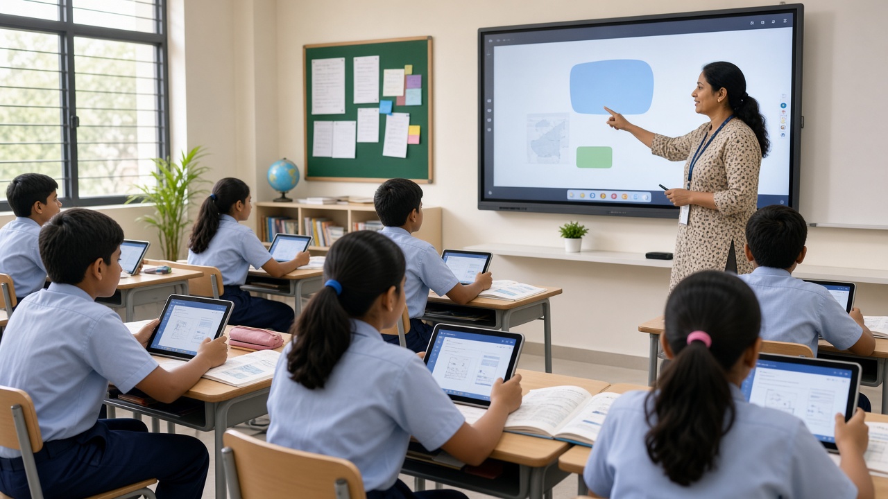 Indian classroom with teacher at a smart board and students using tablets alongside printed textbooks