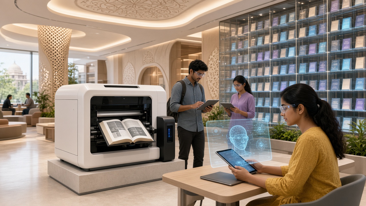 Futuristic Indian learning hub with a print-on-demand book machine and students using tablets and holographic study content