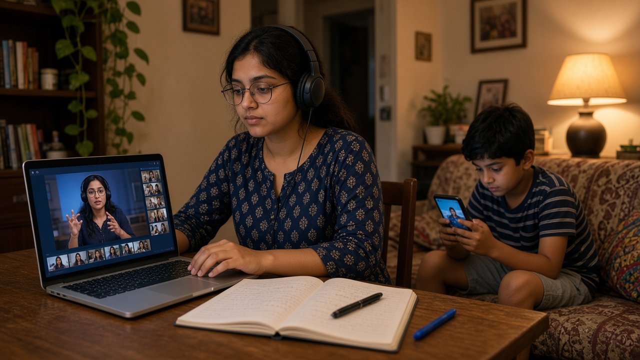 Indian student attending an online video class on a laptop at home while a sibling learns on a smartphone