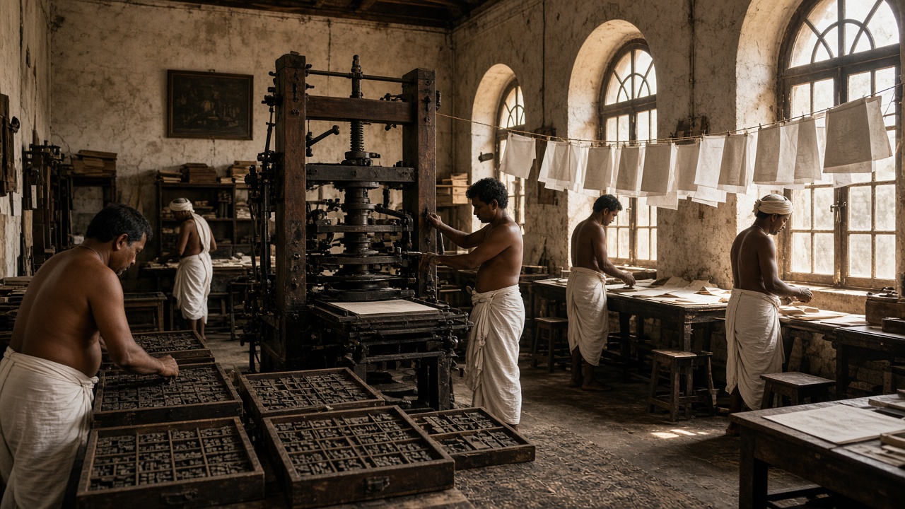 Early Indian printing workshop with workers operating a wooden hand press and trays of metal movable type