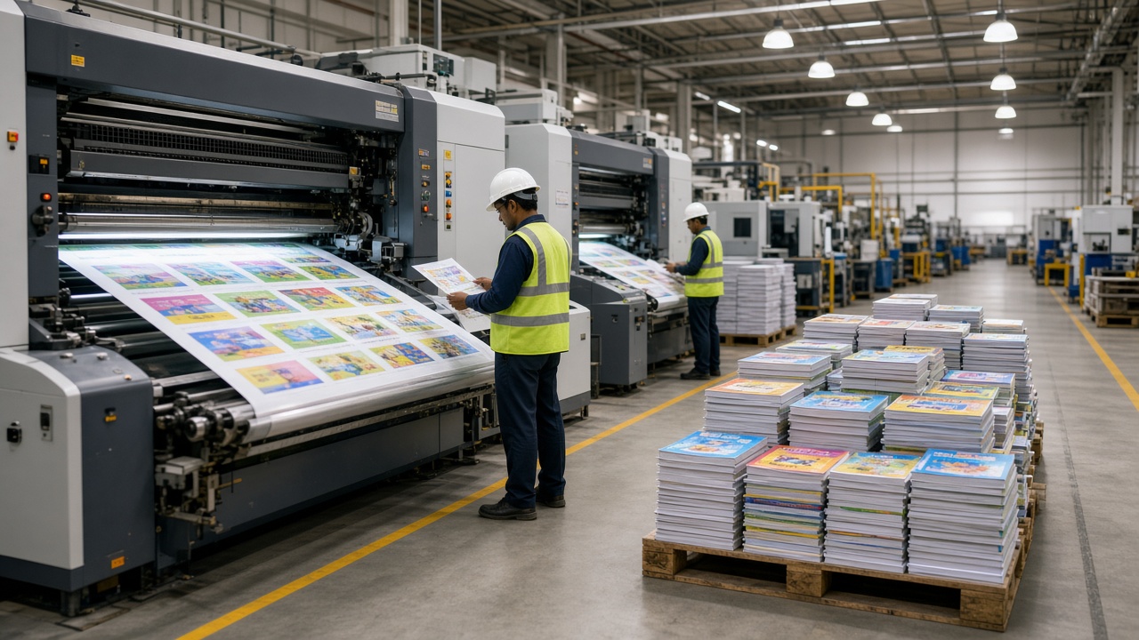 Modern Indian printing factory producing stacks of colourful school textbooks on an offset press