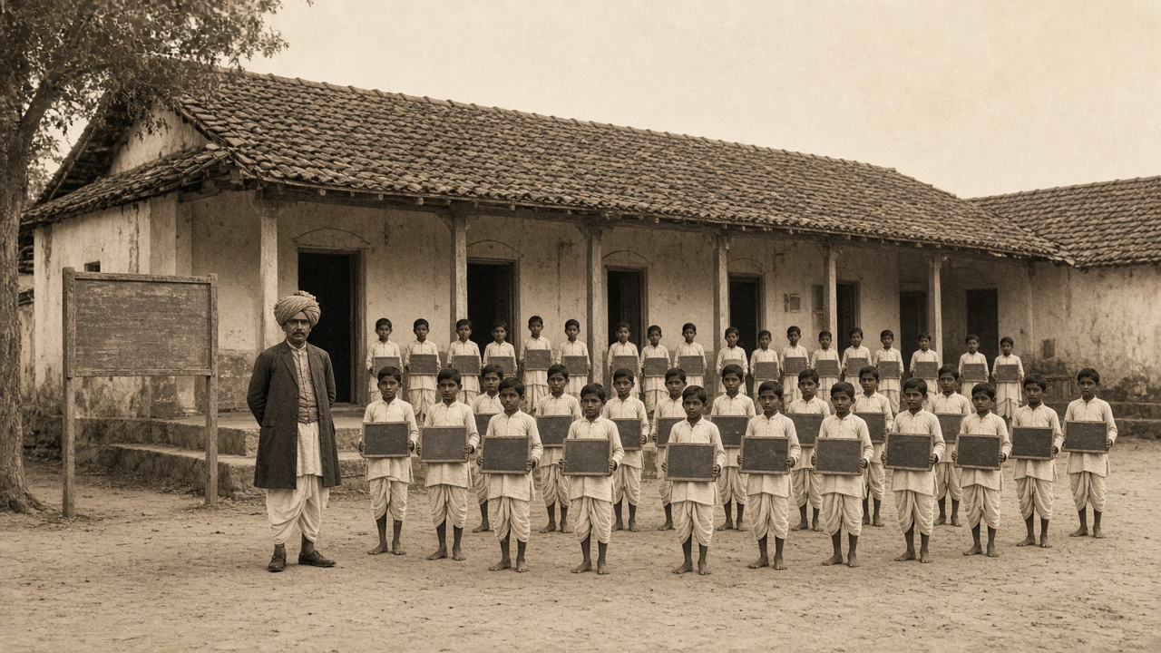 Sepia photograph-style scene of an Indian schoolmaster in a turban with rows of boys holding slates outside a tiled-roof local board school