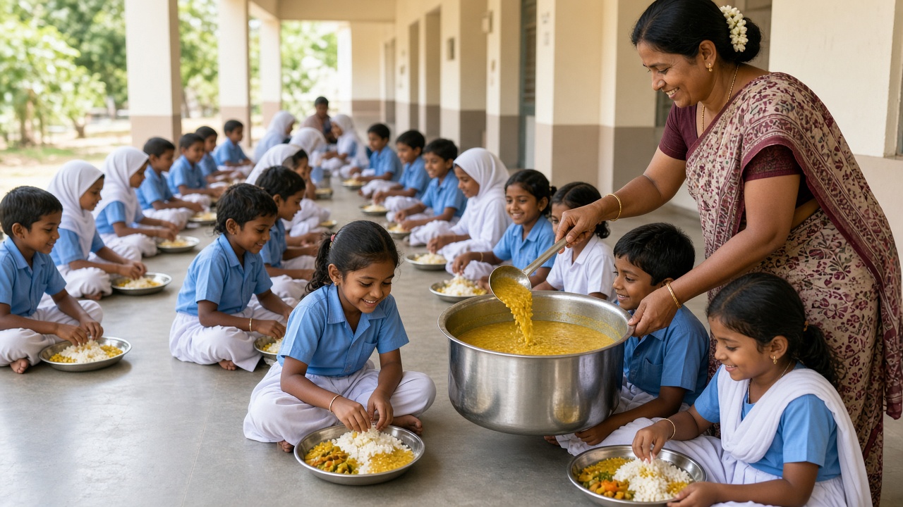 Children in blue and white uniforms eating rice and dal from steel plates while a cook serves food in a government school verandah