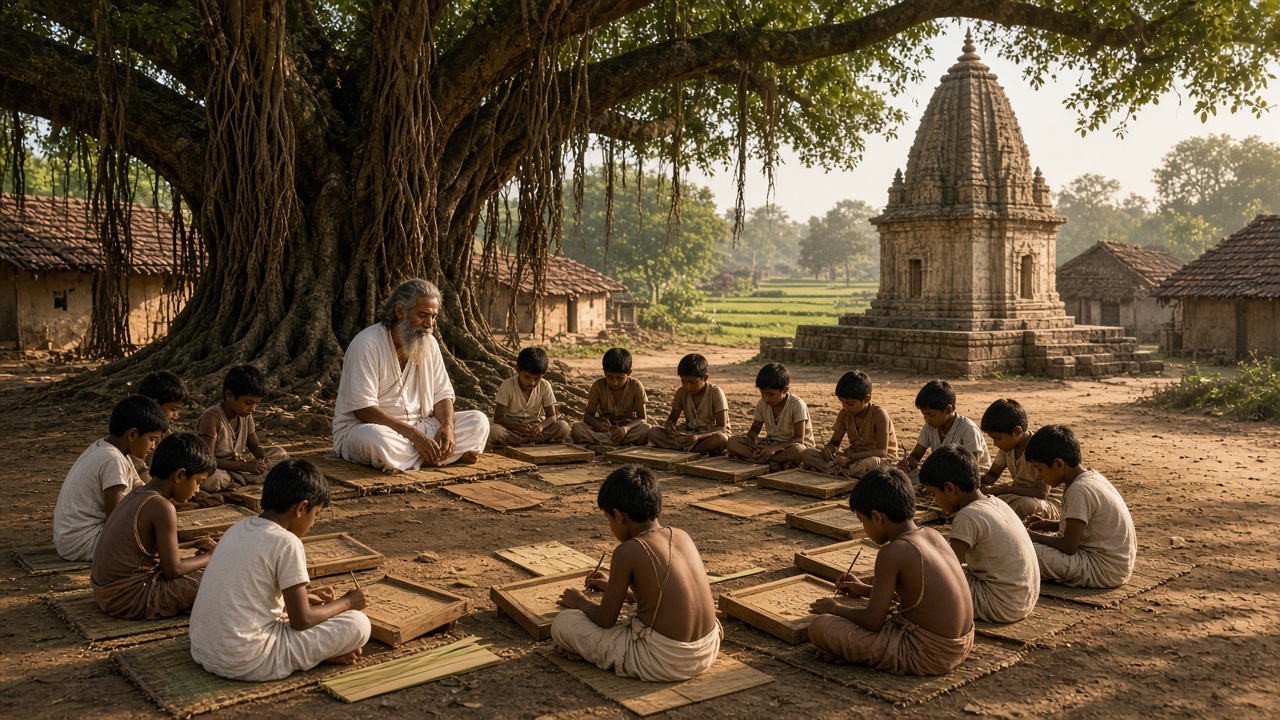 Village teacher under a banyan tree near a temple teaching boys who write in sand trays and on palm leaves