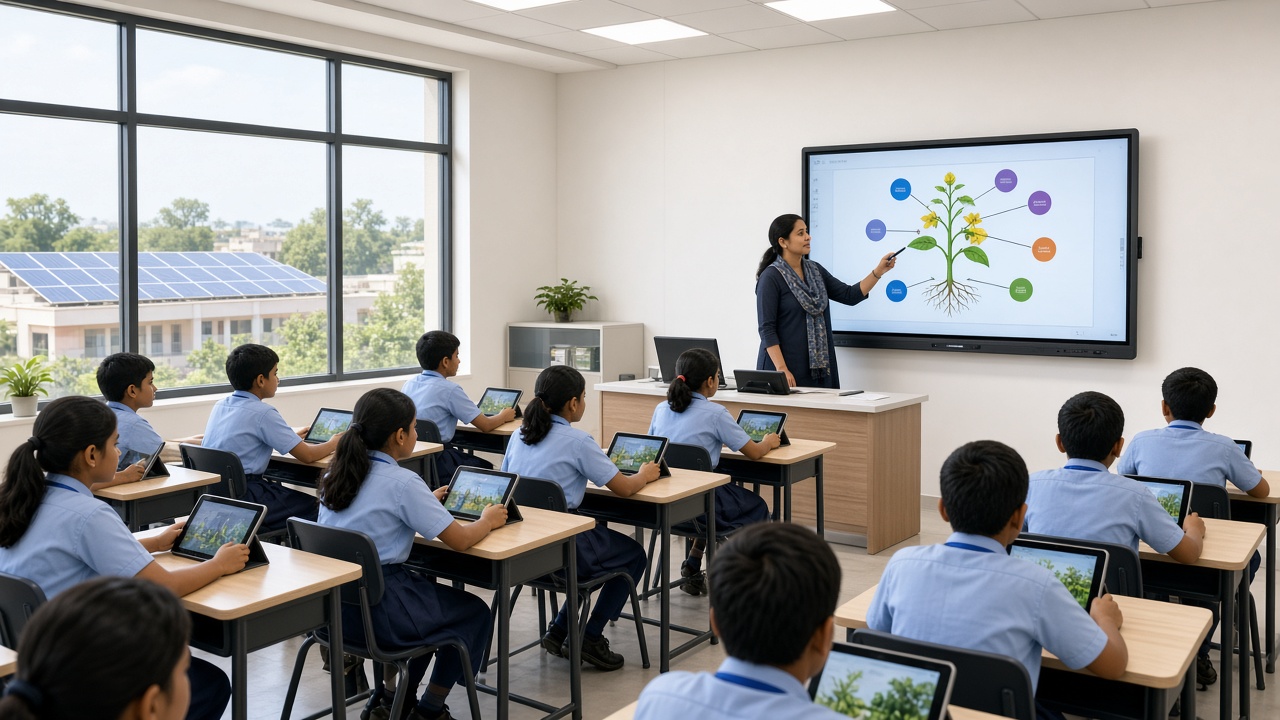 Children in uniforms using tablets while a teacher explains a diagram on a large smart board in a modern government school classroom
