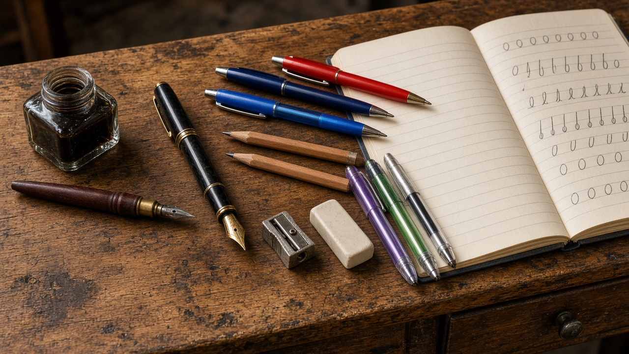 Old school desk with a nib dip pen and ink pot, fountain pen, pencils, sharpener, eraser, ballpoint and gel pens beside a notebook