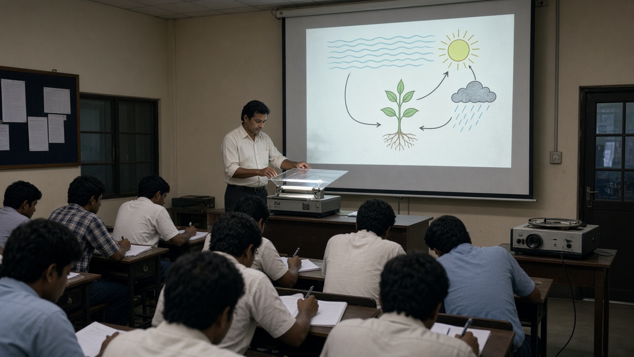Indian lecturer using an overhead projector to show a water cycle diagram on a screen with a slide projector nearby