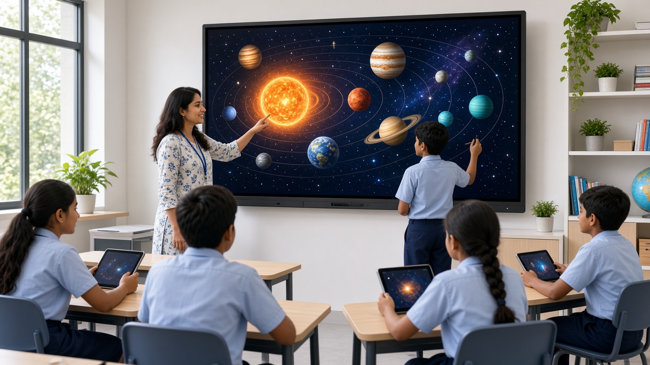 Indian teacher and student using an interactive digital board showing the solar system while classmates use tablets