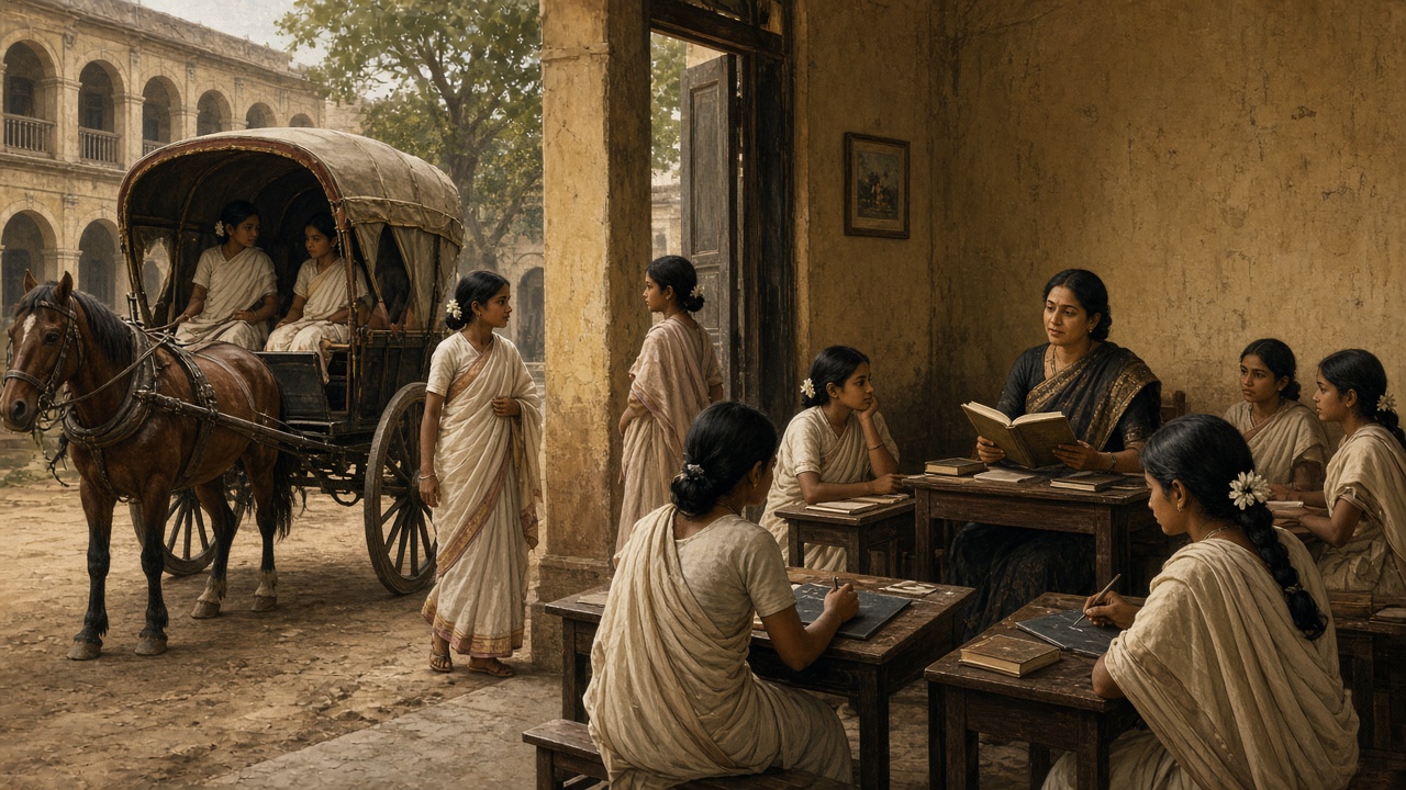 Bengali girls in sarees arriving by horse-drawn carriage and studying at desks with a woman teacher in a 19th-century girls' school