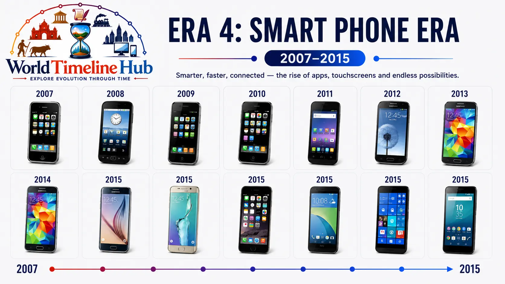 Early touchscreen smartphones showcasing apps and web browsing