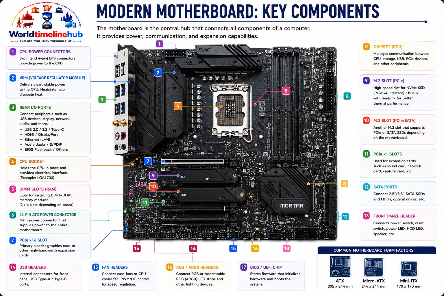 Modern motherboard parts including CPU socket, VRM, M.2 slots, chipset heatsinks, and PCIe slots