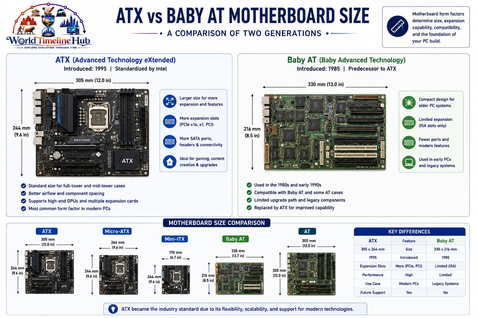 Motherboard form factors and sizes from AT and ATX to microATX and mini-ITX layouts