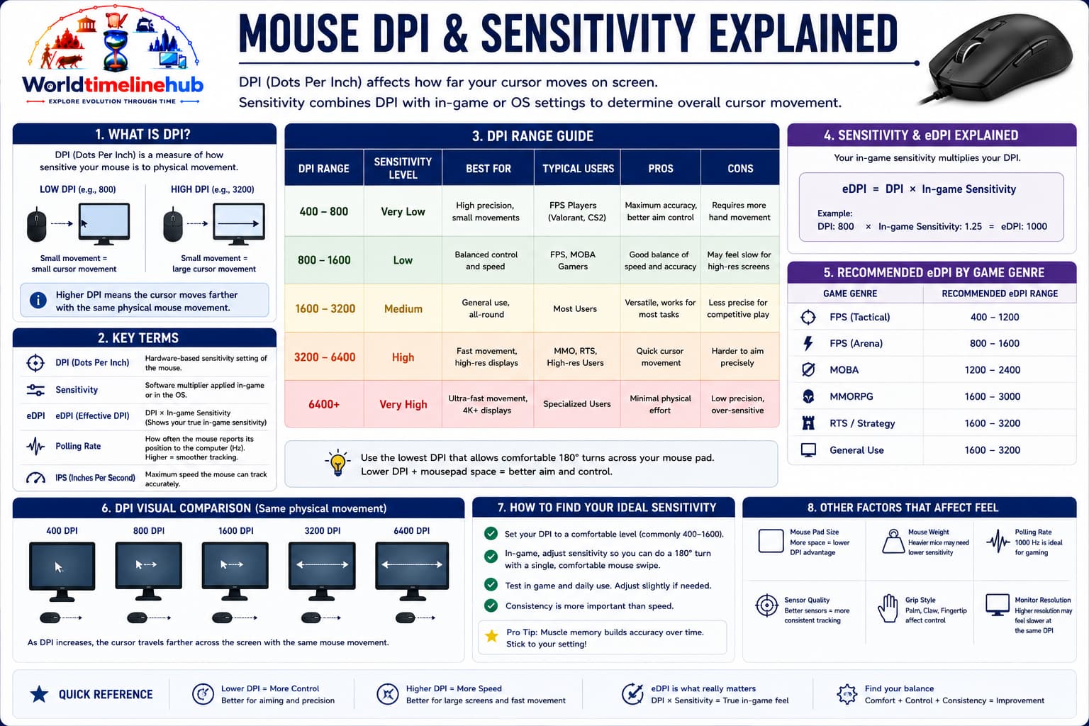 Comparison of mouse types and DPI sensitivity for office, gaming, and ergonomic use