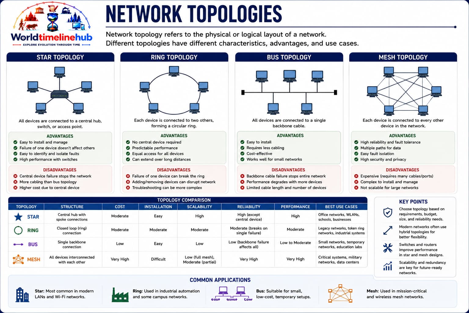 Diagrams of star, ring, bus, mesh, and tree network topologies