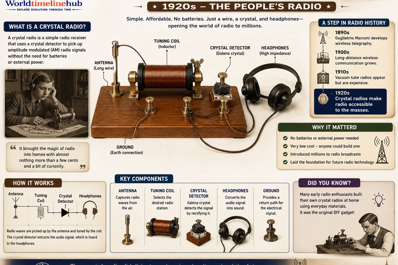 1920s AM radio golden age with living-room console receiver and early broadcast listening at home