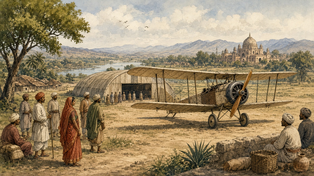 Early aviation in India with vintage biplane at an Indian airfield