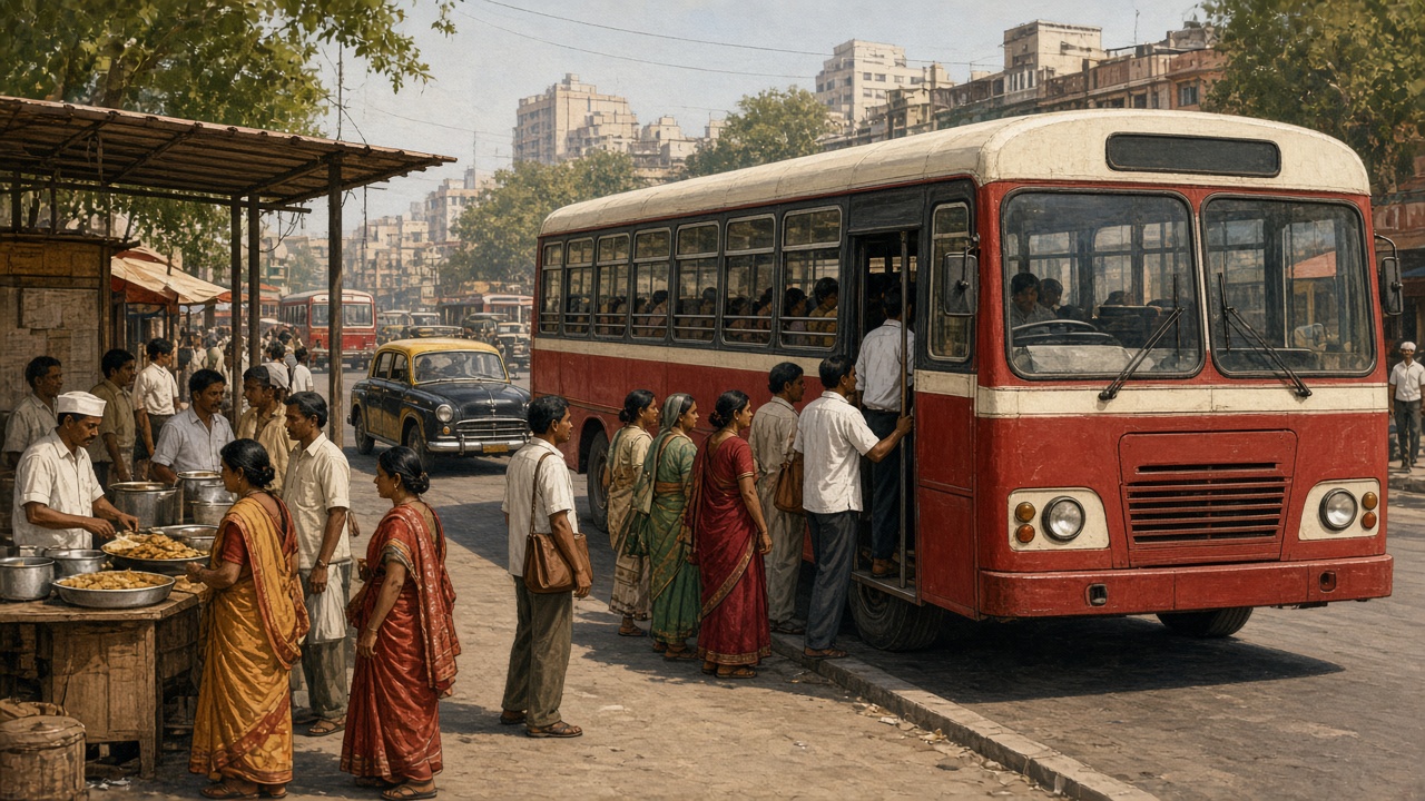 Indian city transit buses at a busy Indian bus stop with passengers boarding in mid-to-late 20th century urban India
