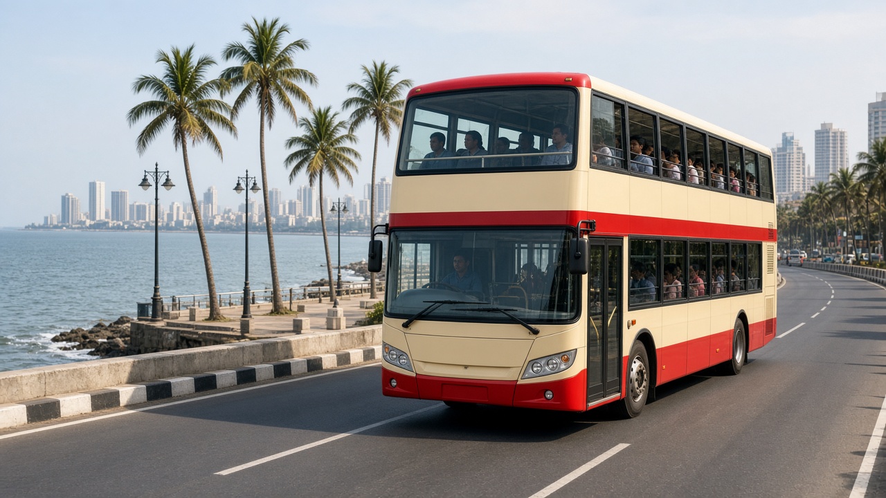 Modern Indian double-decker tourist bus on a seafront road like Mumbai Marine Drive