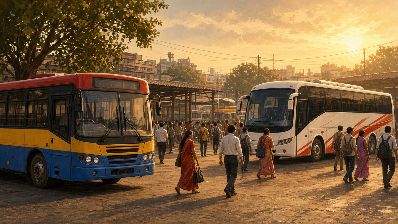 Indian public transport scene with city bus and long-distance coach near a busy bus terminus