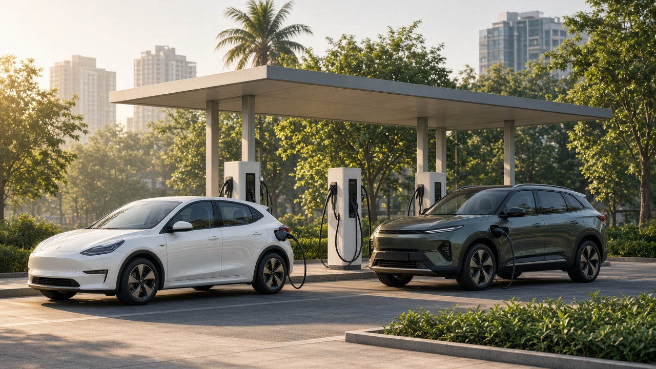 Electric cars charging at an EV station in an Indian city