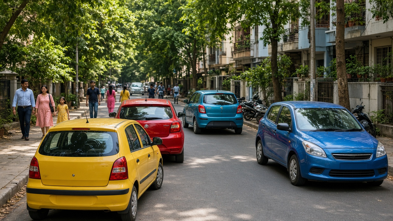 Compact Indian hatchback cars on a leafy residential street