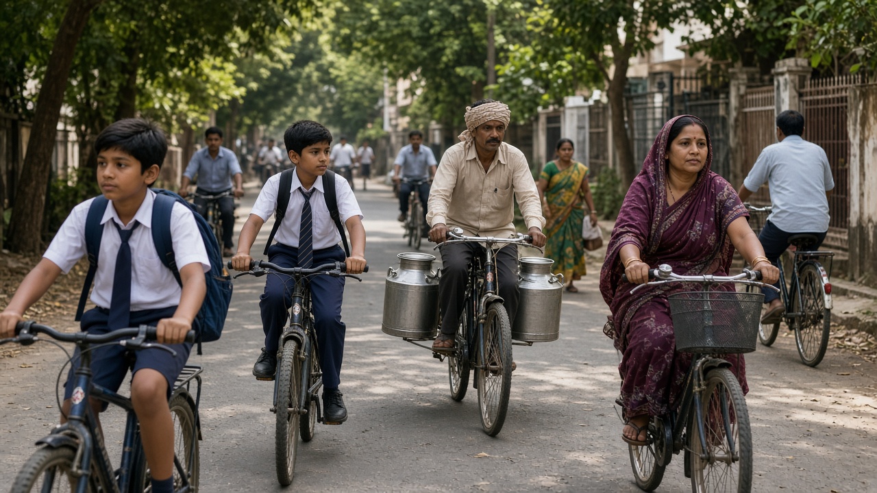 Indian schoolchildren and everyday riders on bicycles in a leafy Indian residential street