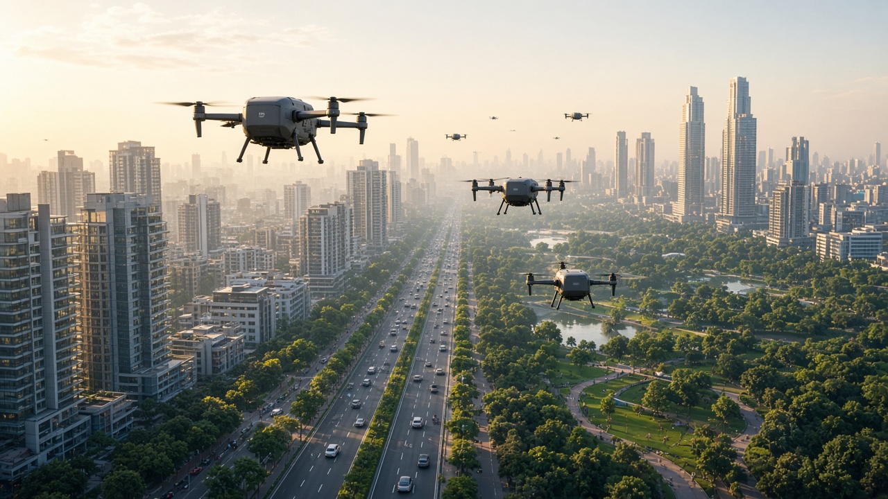 Futuristic Indian smart-city drone corridor with delivery drones flying above a modern skyline