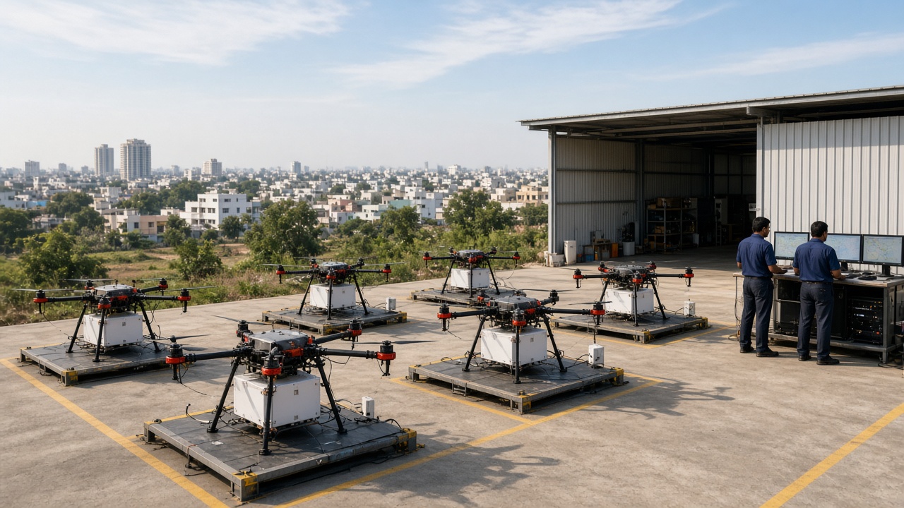 Indian drone logistics hub with delivery drones on charging pads beside a small warehouse