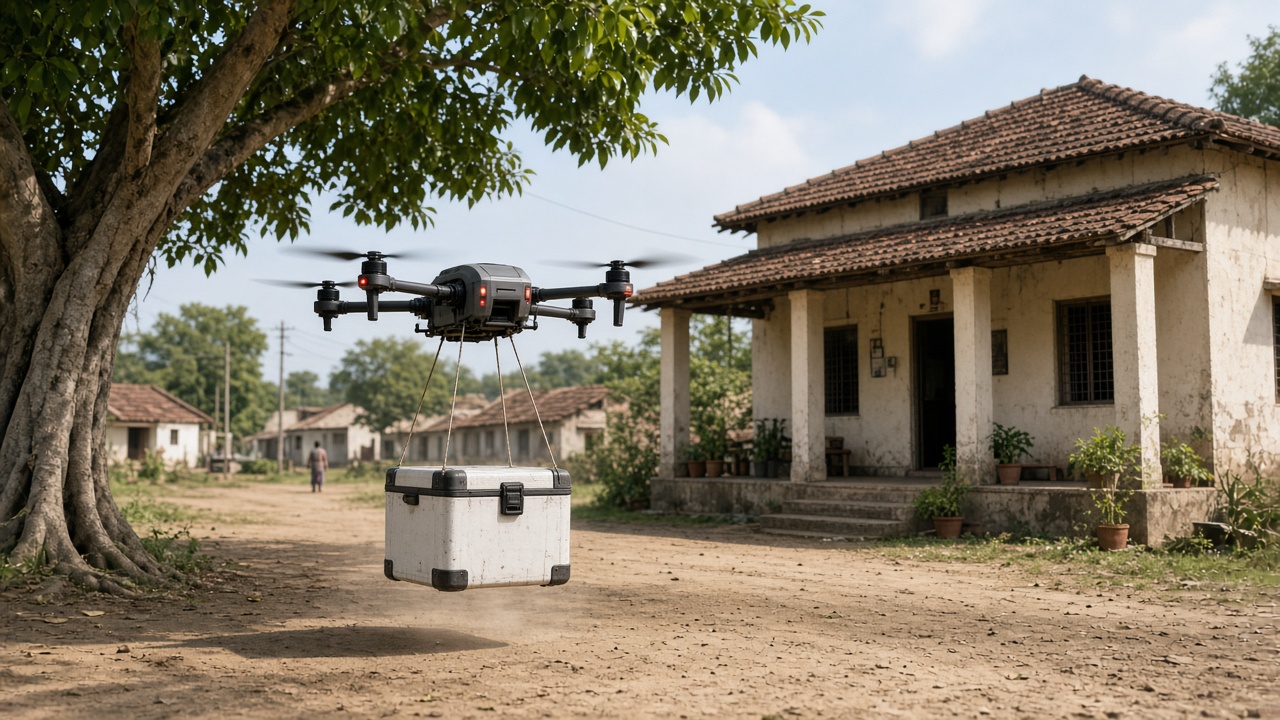 Medical delivery drone with medicine cooler landing near a rural Indian primary health centre