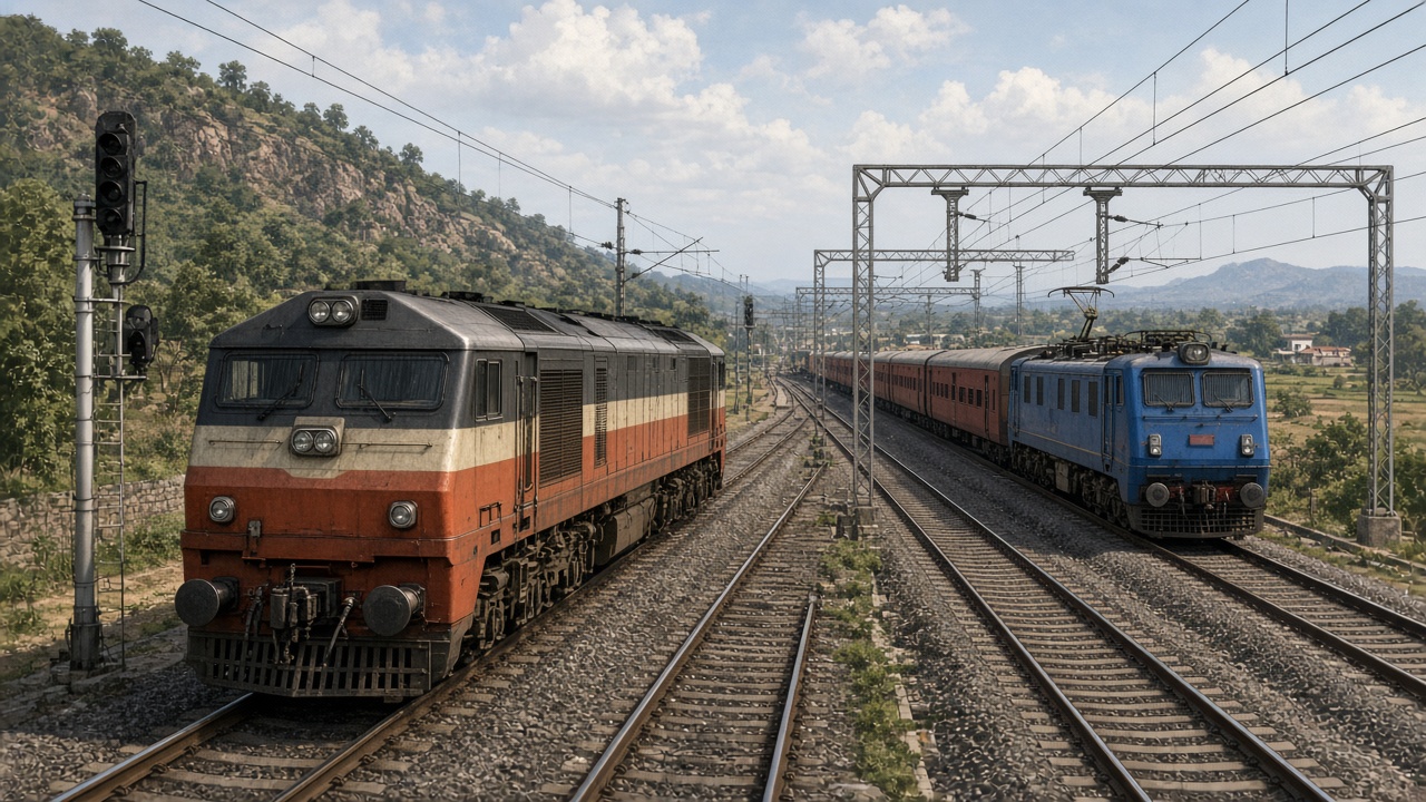 Indian diesel and electric locomotives on a busy electrified Indian mainline