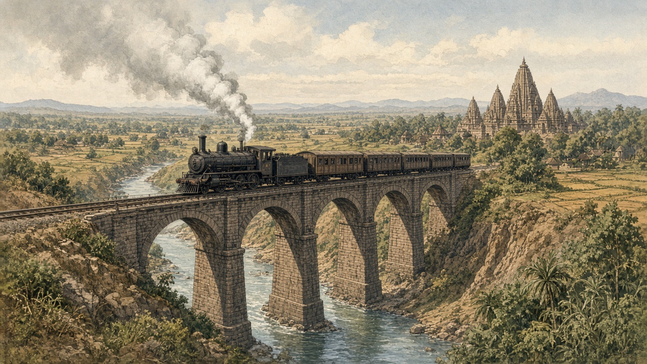 Indian railway expansion with steam train crossing a bridge through Indian countryside