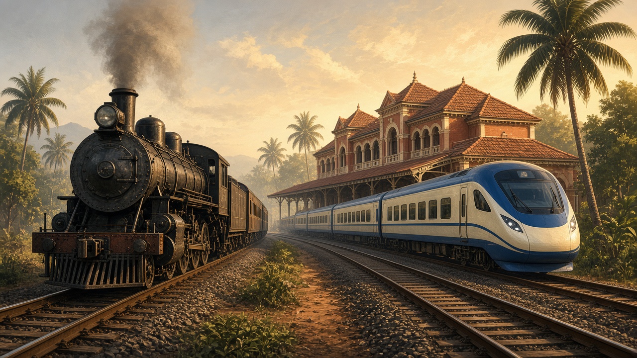 Indian Railways history illustration with historic steam engine and modern passenger train near a classic station