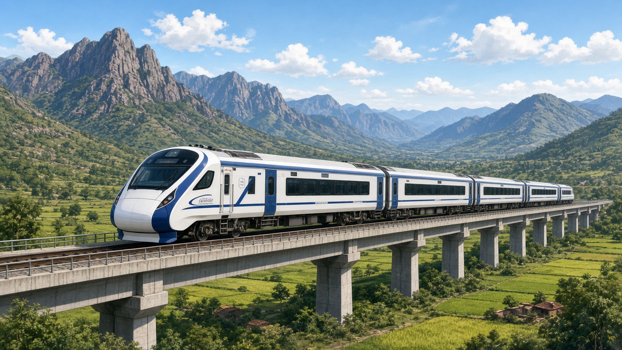 Indian Vande Bharat style semi-high-speed train on elevated tracks through Indian landscape